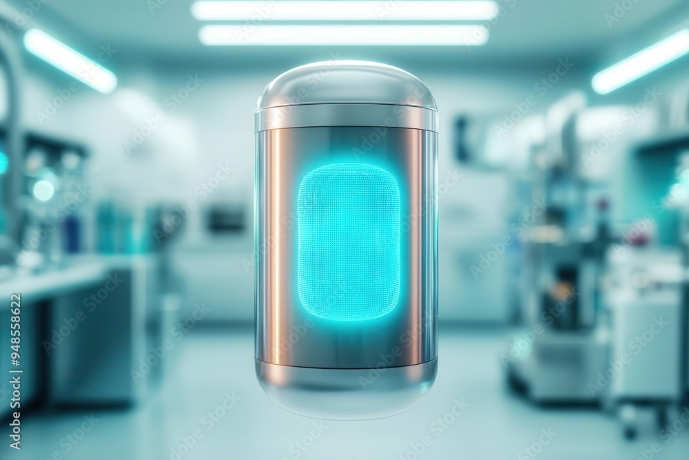 Advanced medical capsule, floating holograms, neon blue lights, high-tech lab Advanced medical capsule, floating holograms, neon blue lights, high-tech lab