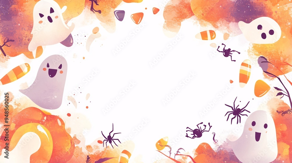 Cute Halloween frame featuring smiling ghosts candy corn and playful spiders in soft orange and purple Cute Halloween frame featuring smiling ghosts candy corn and playful spiders in soft orange and purple