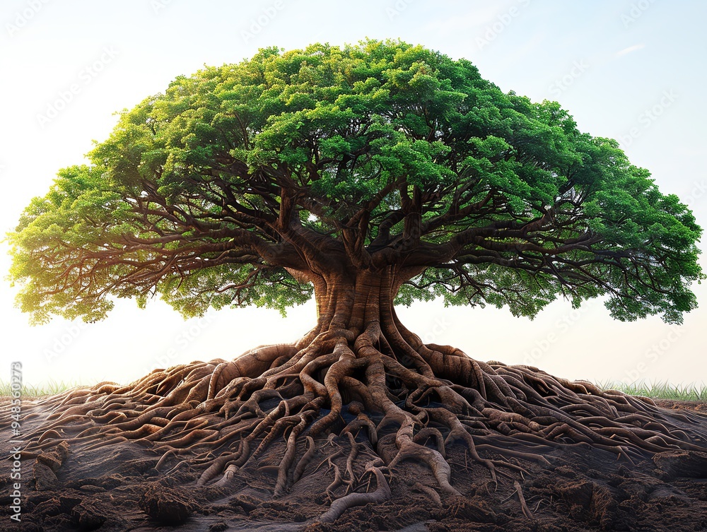 Strong tree with deep roots, symbolizing a solid foundation, centered ...