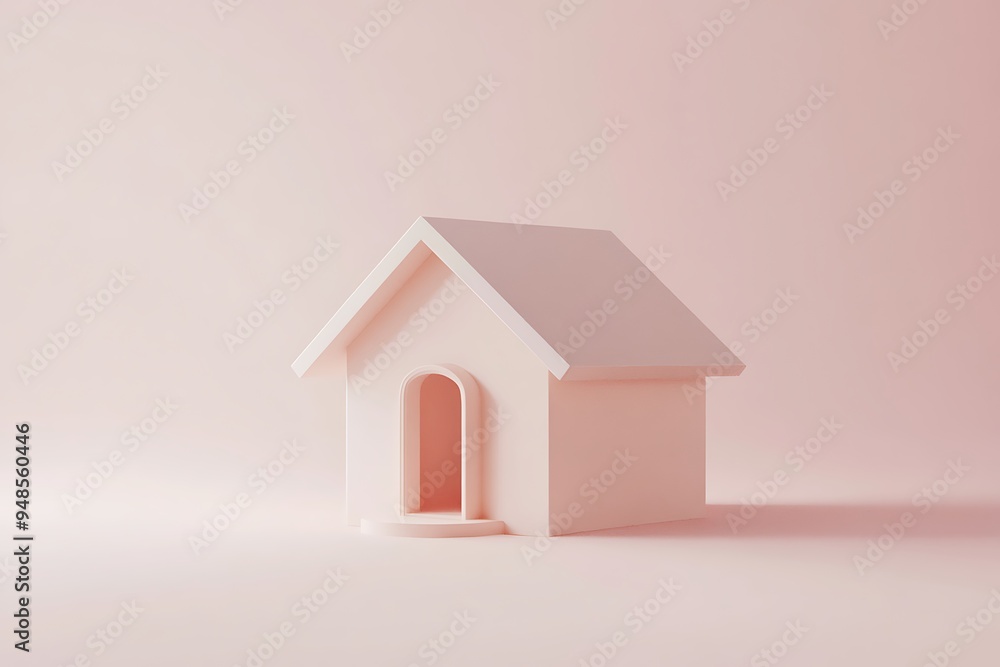 Minimalist House Icon in Blush and Rose Gold Tones on Soft Enamel Background - 3D Render Minimalist House Icon in Blush and Rose Gold Tones on Soft Enamel Background - 3D Render
