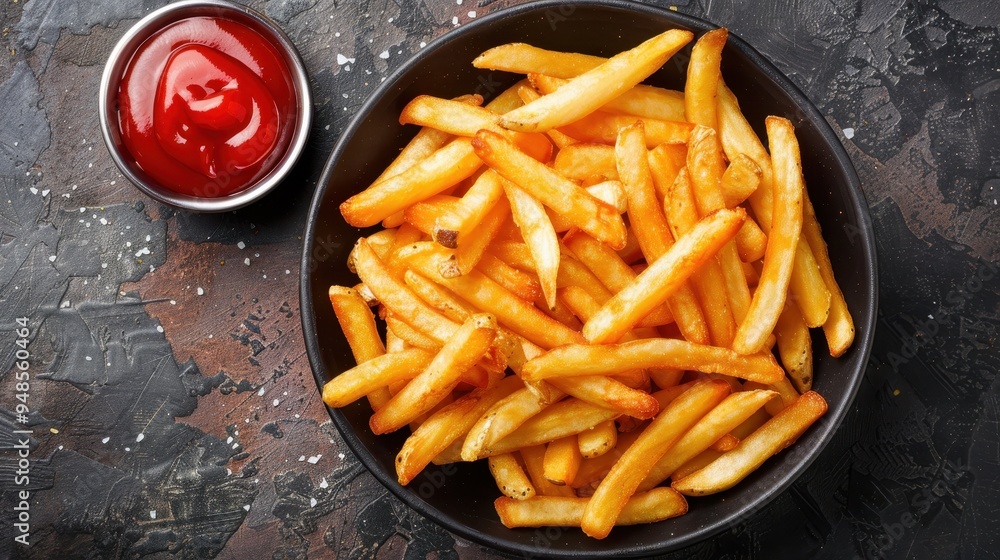 Overhead view of crispy French fries served with a small bowl of ketchup on a dark textured surface Overhead view of crispy French fries served with a small bowl of ketchup on a dark textured surface