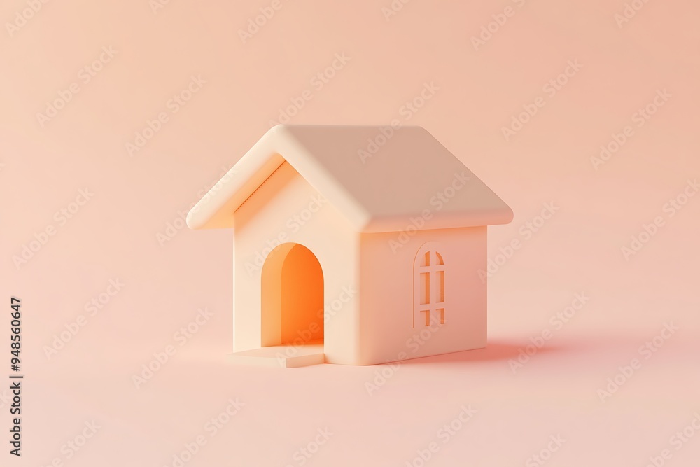 Elegant 3D Rendered House Icon on Coral Background with Peach and Gold Tones Elegant 3D Rendered House Icon on Coral Background with Peach and Gold Tones