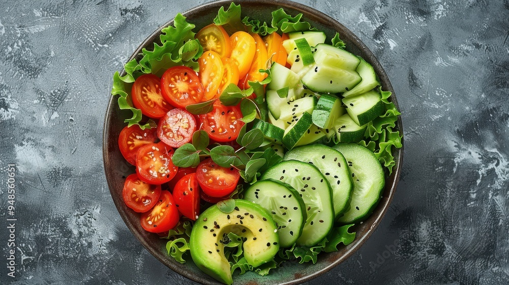 Colorful salad bowl with fresh vegetables and avocado on a grey background for healthy eating Colorful salad bowl with fresh vegetables and avocado on a grey background for healthy eating