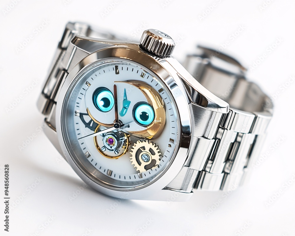 Cute robot watch featuring a playful robot character on the dial glowing eyes and gears paired Cute robot watch featuring a playful robot character on the dial glowing eyes and gears paired