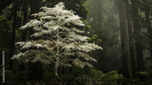 A single, delicate tree stands tall against a backdrop of towering trees in a misty forest. photo