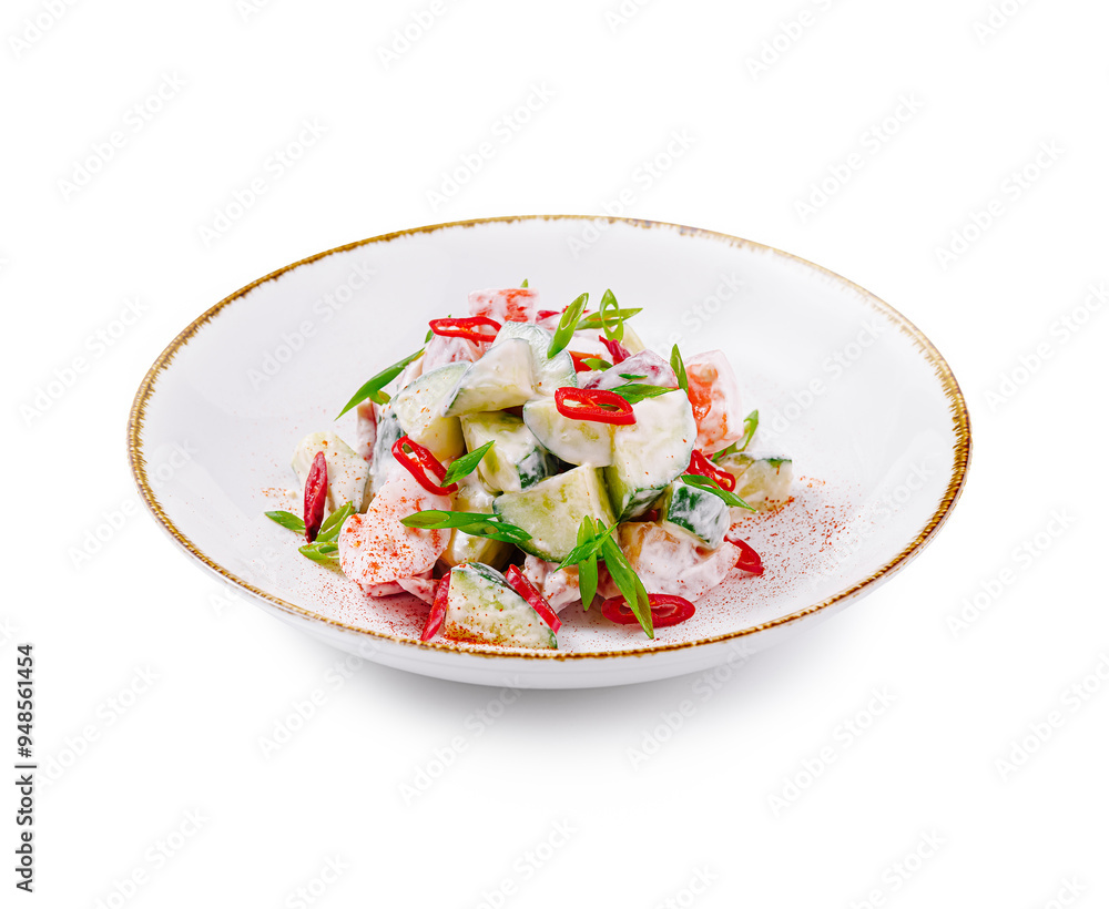 Fresh salad with cucumber and tomato seasoned with red chili pepper on white plate Fresh salad with cucumber and tomato seasoned with red chili pepper on white plate