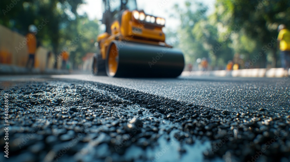 A construction site with a large yellow machine rolling out asphalt A construction site with a large yellow machine rolling out asphalt