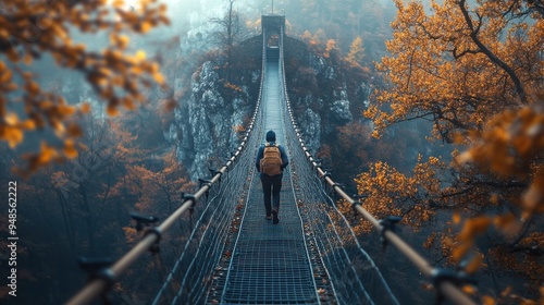 A person walks across a suspension bridge on a clear day with a vast chasm below, symbolizing the overcoming of acrophobia and fear of heights.