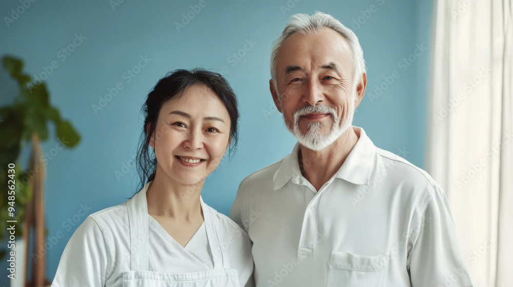 Photorealistic image of a male and female painter, dressed in white, smiling in front of a Photorealistic image of a male and female painter, dressed in white, smiling in front of a
