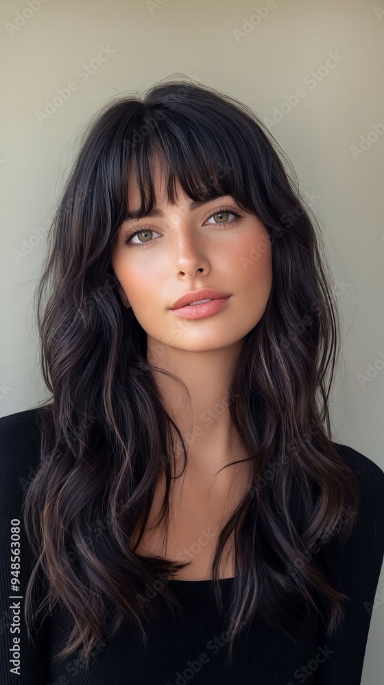 A woman with long dark brown hair and bangs A woman with long dark brown hair and bangs