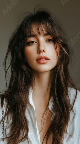 A woman with long brown hair and bangs wearing a white shirt