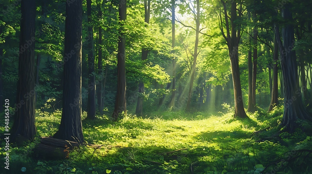 Obraz premium Sunlight Filtering Through the Trees in a Lush Forest