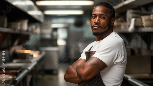 A chef exudes confidence while standing with crossed arms in a busy restaurant kitchen, surrounded by culinary tools and equipment during the evening service rush