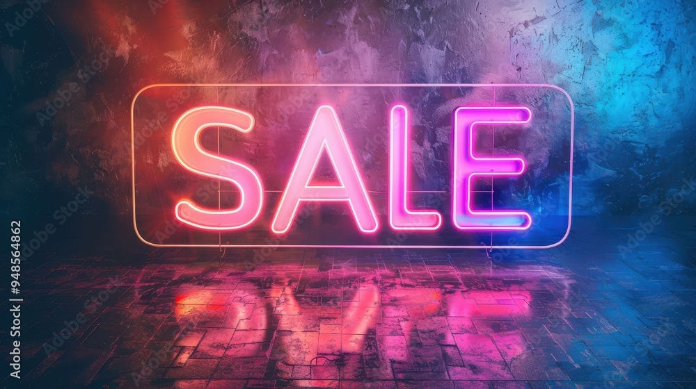 Bright neon sale sign glowing in a shopping district during evening hours for promotional offers Bright neon sale sign glowing in a shopping district during evening hours for promotional offers