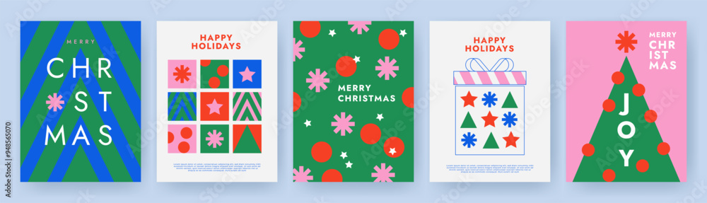 Merry Christmas and Happy New Year Set of greeting card, poster, holiday cover. Modern Xmas design in simple geometric style in green, red, pink and blue colors for ads, sales, print, season greetings