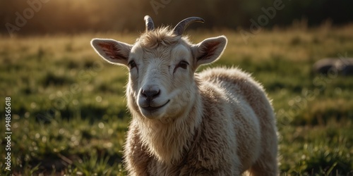 A happy little goat or lamb in a meadow on a sunny day Agricultural industry Farming. photo