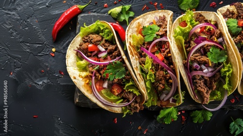 Fresh beef tacos with red onion, lettuce, and spices on a rustic black surface photo