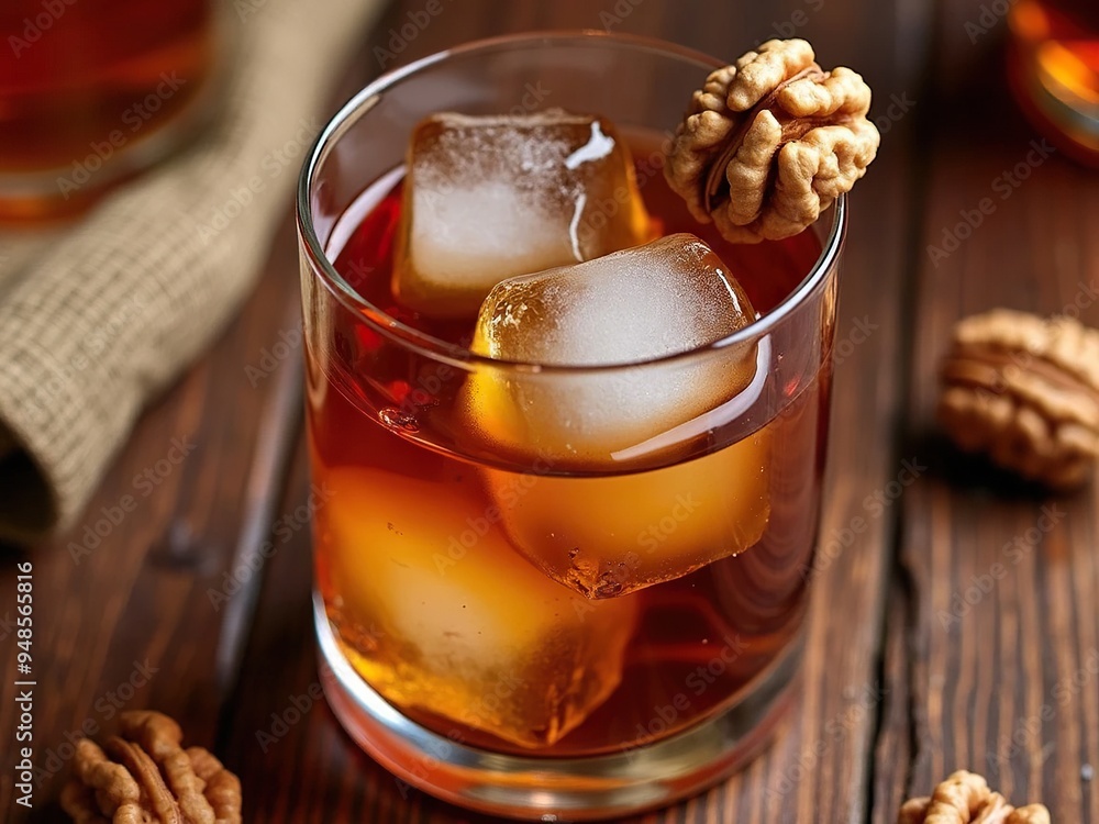 A Walnut and Maple Old Fashioned served in a glass with large ice cubes, garnished with a whole walnut on the rim. A Walnut and Maple Old Fashioned served in a glass with large ice cubes, garnished with a whole walnut on the rim.