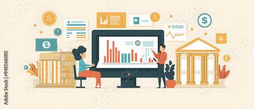 A flat vector illustration of a financial planning session, a professional giving advice to a client, with investment charts and graphs displayed on a screen. Background  include financial system