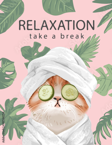relaxation slogan with cute kitten relax in bath robe hand drawn vector illustration