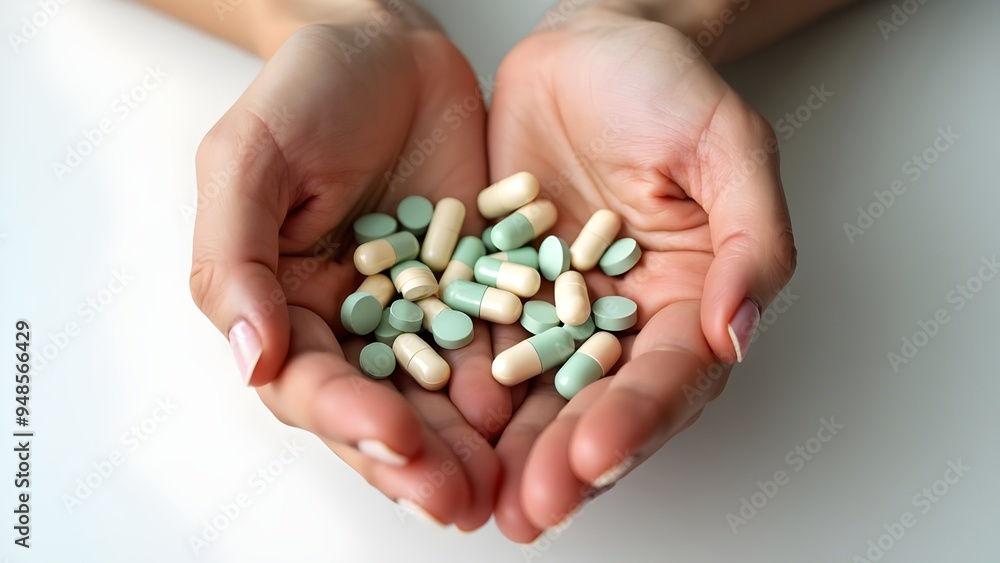 Person holding medical pills health vitamin supplements pharmacy capsules healing dosage Person holding medical pills health vitamin supplements pharmacy capsules healing dosage