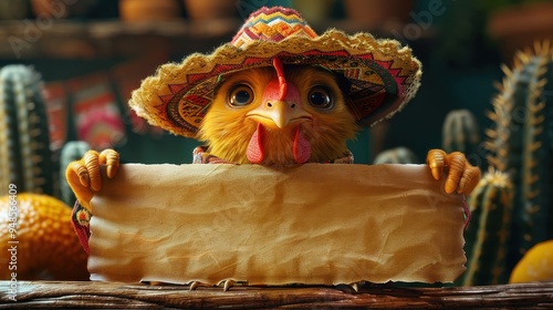 A chicken in a sombrero holds a blank promotion sign in a colorful setting photo