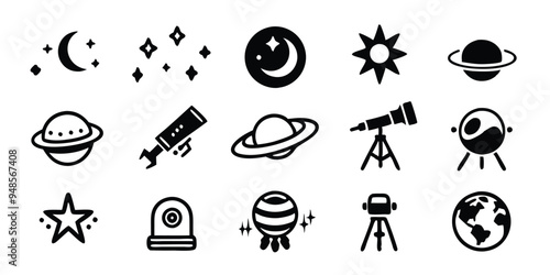 A set of astronomy web icons including a black hole, moon, stars, sun, planets, telescope, and earth.