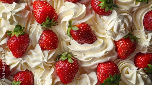 A delightful arrangement of fresh strawberries topped with creamy whipped cream on a dessert platter