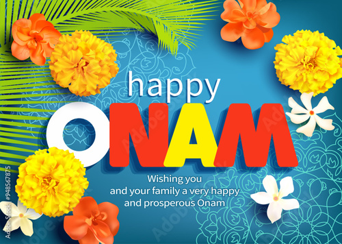 Happy Onam background with flowers and traditional ornament (pookolam, rangoli) for South India harvest festival. Vector illustration.