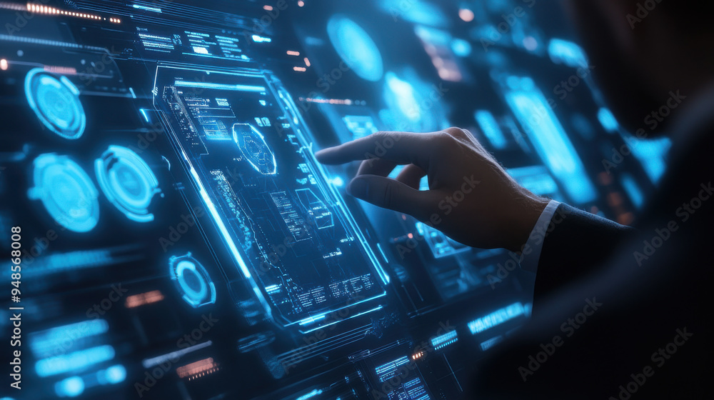 rofessional touching a sleek digital interface with futuristic elements, virtual backdrop rofessional touching a sleek digital interface with futuristic elements, virtual backdrop