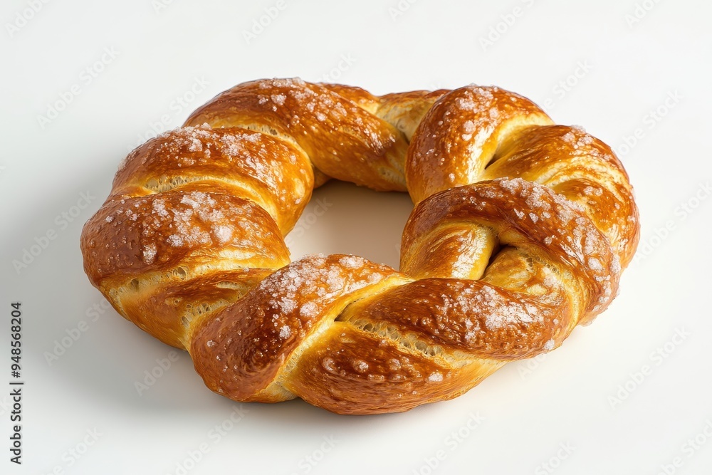 Large golden pretzel with coarse salt on white background Large golden pretzel with coarse salt on white background