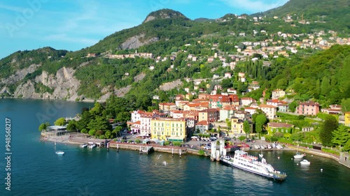 An aerial view of Varenna, a renowned tourist destination on the shores of Lake Como, Italy, captured by a drone. This famous village is celebrated for its colorful buildings, historic sites photo