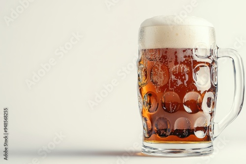 Large beer stein filled with amber beer on white background