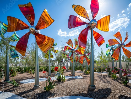A vibrant sculpture park featuring colorful wind turbines with playful designs, set against bright, sunny skies, blending art with renewable energy..