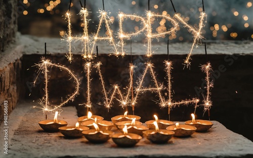 Bright Diya Lamps with Sparkler Background photo