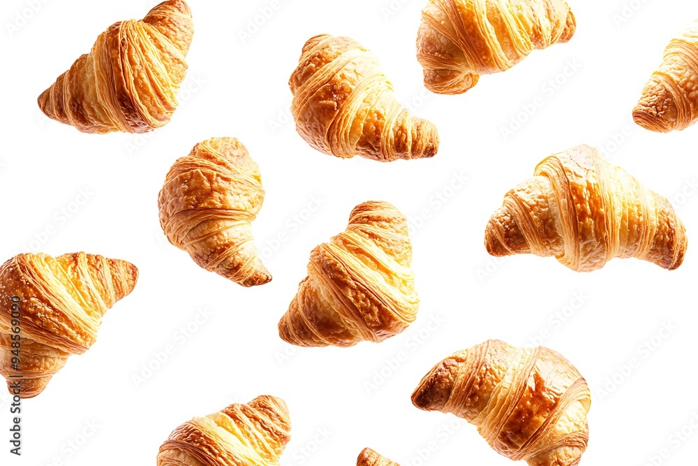Heavenly Flaky Croissants Suspended in Air on Clean White Background Heavenly Flaky Croissants Suspended in Air on Clean White Background