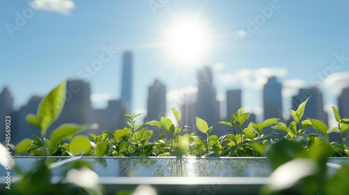 A view of vibrant green leaves in the foreground, framed by a city skyline under a bright sun, symbolizing urban nature.