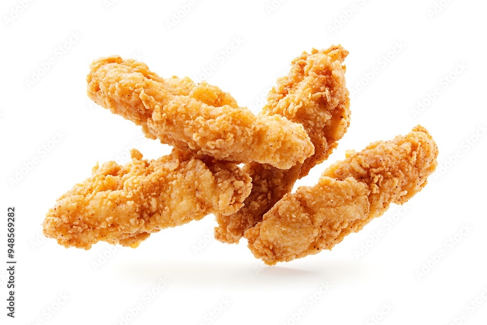 Delicious Crunchy Breaded Chicken Tenders Suspended in Mid-Air on White Background Delicious Crunchy Breaded Chicken Tenders Suspended in Mid-Air on White Background