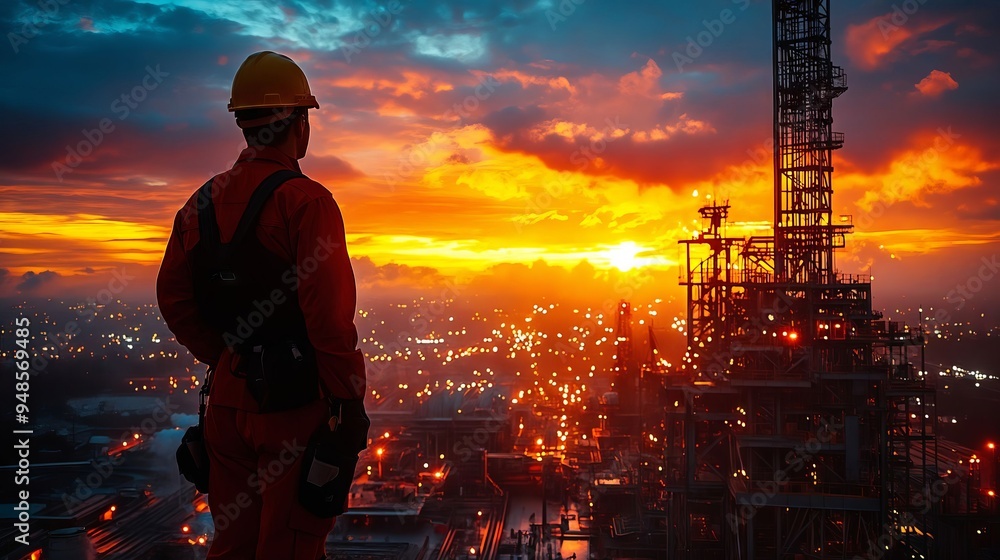 Fototapeta premium A man in a hard hat standing in front of an oil rig at sunset
