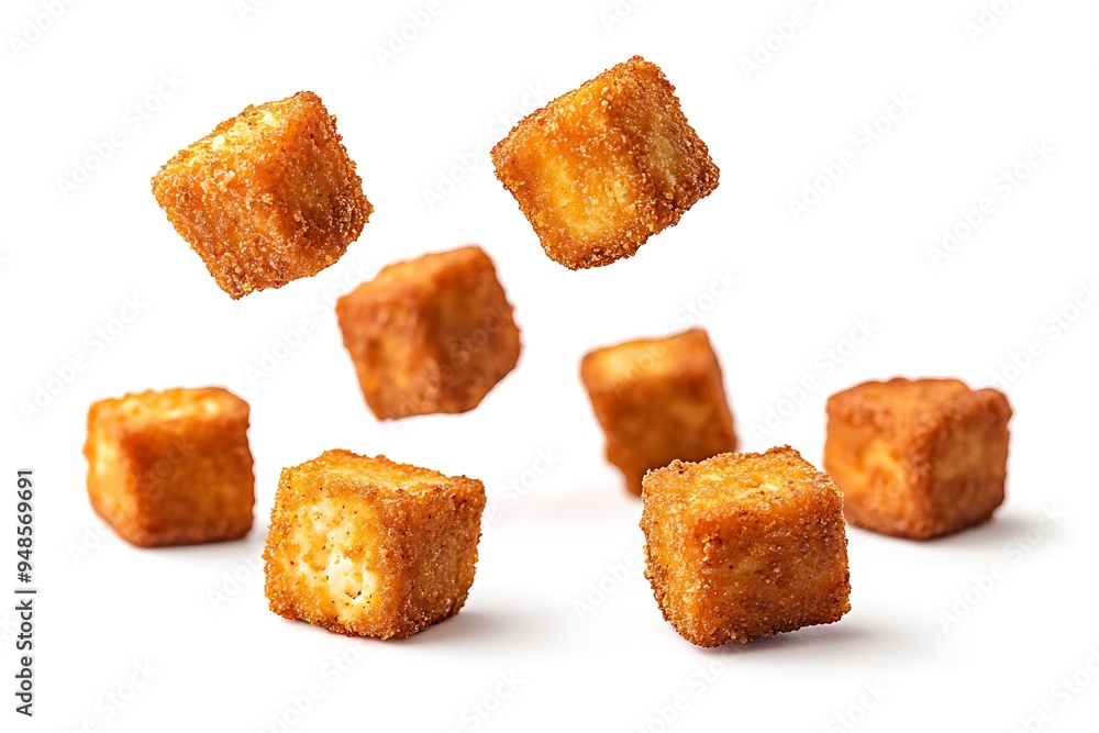 Delicious Crispy Breaded Tofu Bites Suspended in Air on White Background Delicious Crispy Breaded Tofu Bites Suspended in Air on White Background