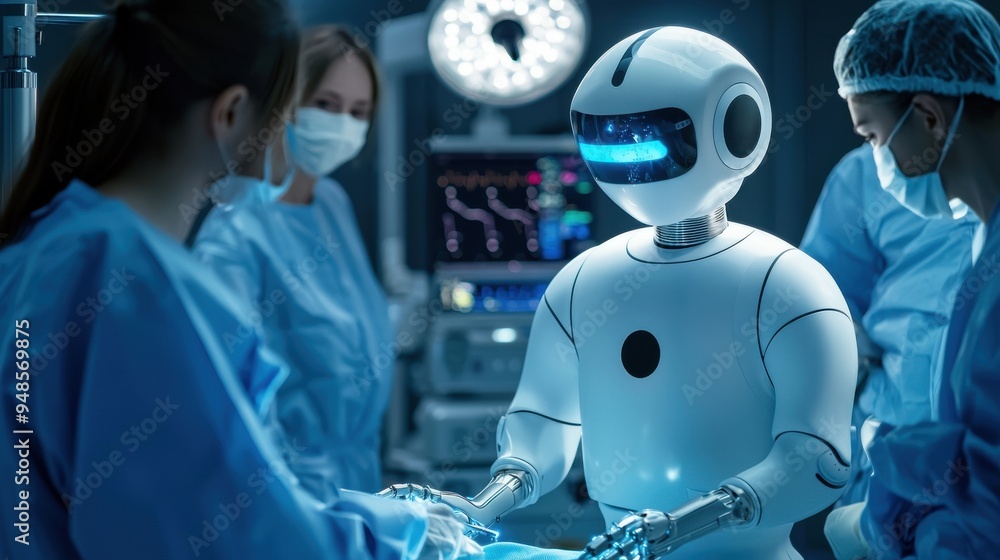An AI-powered robot assisting in a medical procedure, surrounded by doctors and nurses, set in a high-tech hospital environment with a blend of cool and warm lighting An AI-powered robot assisting in a medical procedure, surrounded by doctors and nurses, set in a high-tech hospital environment with a blend of cool and warm lighting