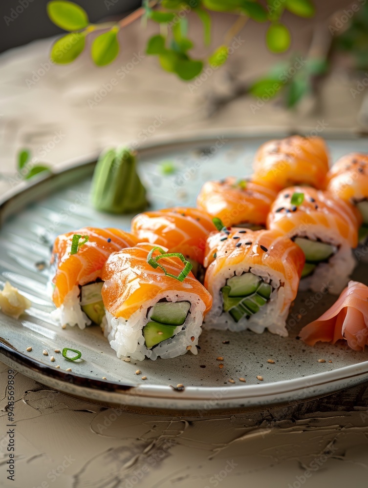 Delicious Salmon Sushi Rolls with Cucumber and Sesame Seeds Delicious Salmon Sushi Rolls with Cucumber and Sesame Seeds