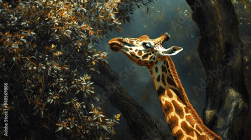 Giraffe Reaching for Leaves in the Forest photo