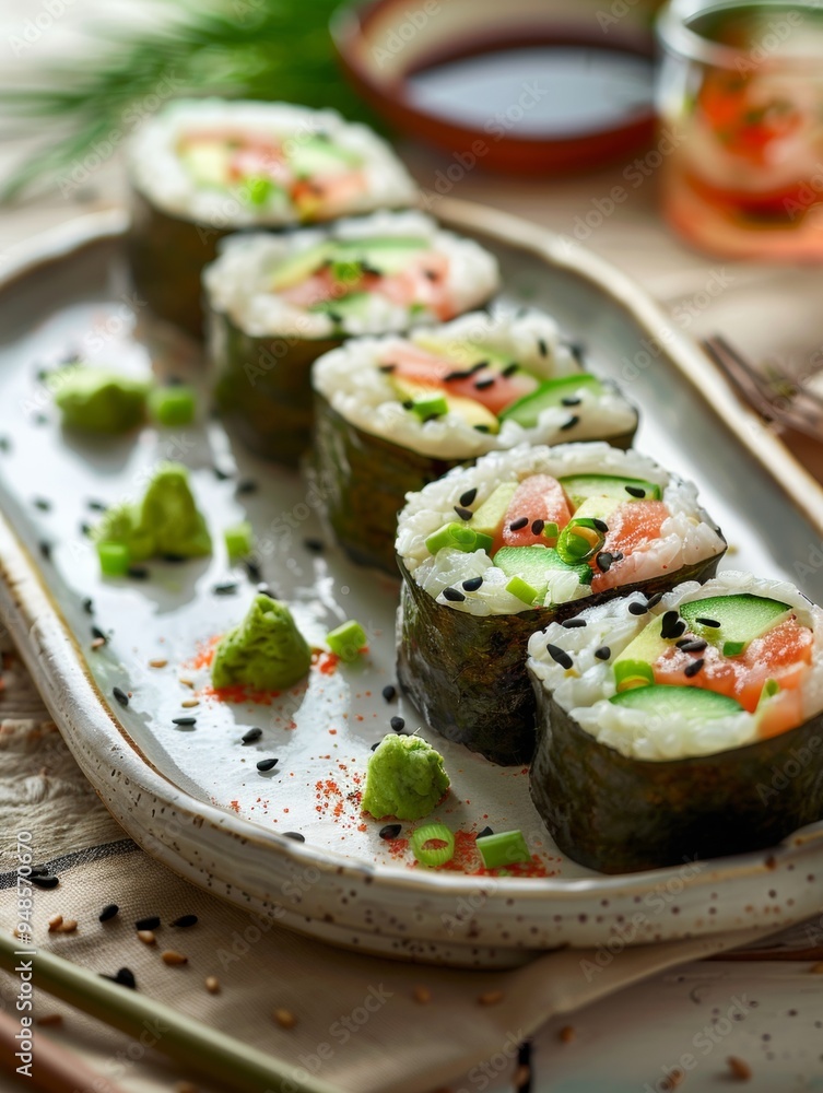 Close-up of Delicious Salmon Avocado Sushi Rolls Close-up of Delicious Salmon Avocado Sushi Rolls