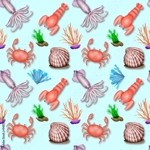 Seamless pattern with shrimp, shellfish, squid. Hand drawn in watercolor style. On a blue background representing the color of the sea.