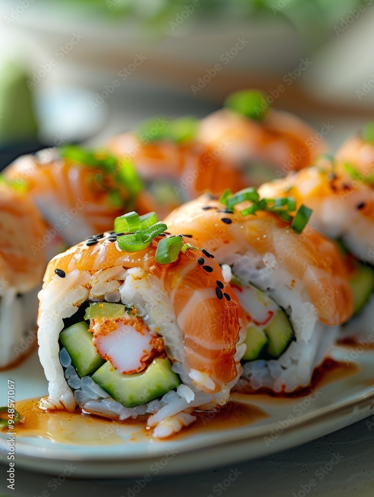 Delicious Salmon Sushi Rolls with Cucumber and Spicy Sauce Delicious Salmon Sushi Rolls with Cucumber and Spicy Sauce