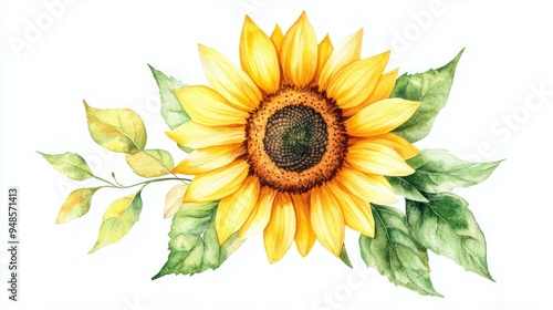 Watercolor sunflower with accompanying foliage, set against a white background, radiating warmth and cheerfulness.