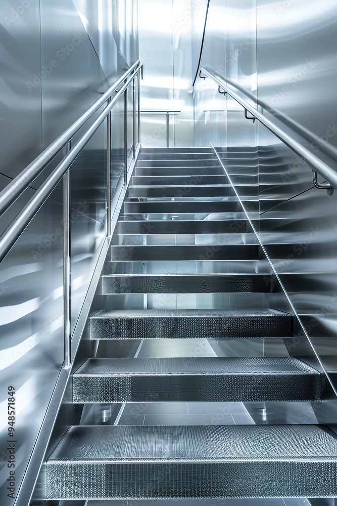 A staircase in the entrance of an art museum, with a stainless steel handrail and steps A staircase in the entrance of an art museum, with a stainless steel handrail and steps