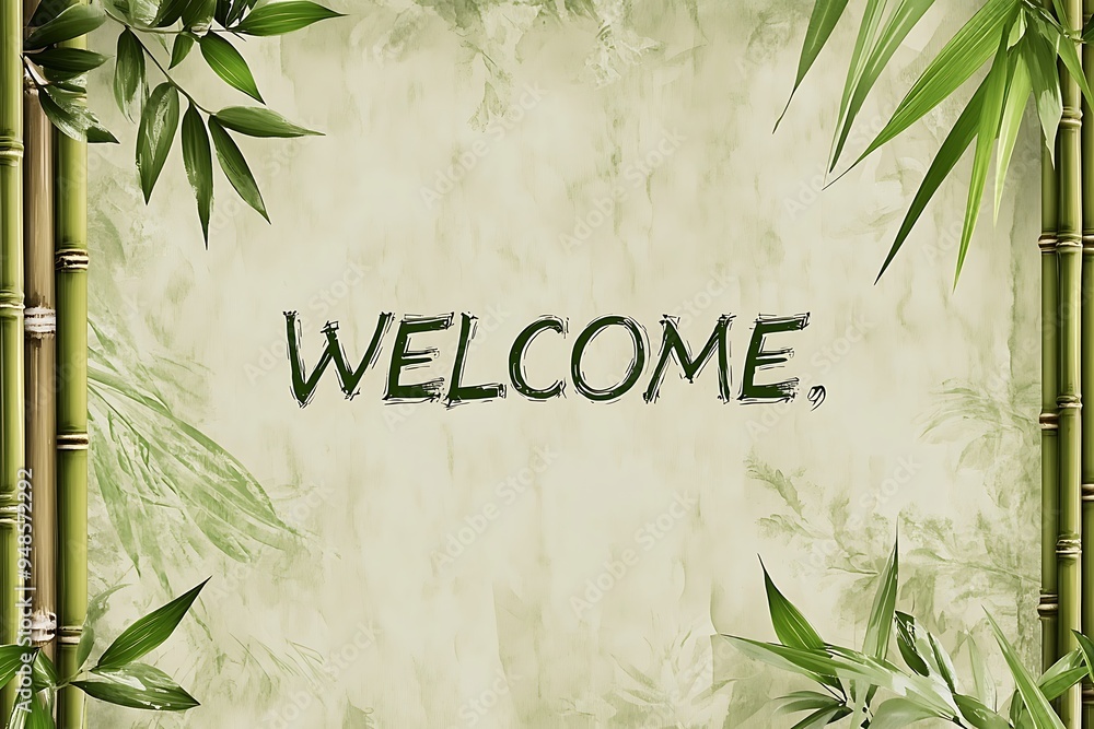 Serene Welcome Sign with Bamboo Frame in Soft Green and Beige Hues Serene Welcome Sign with Bamboo Frame in Soft Green and Beige Hues