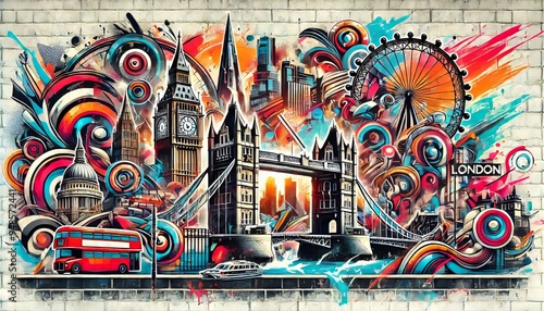 A vibrant mural depicts iconic London landmarks like Big Ben and Tower Bridge, blended with abstract swirls of color, creating a dynamic urban scene on a brick wall. Ai generative photo